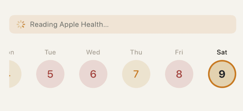 Today screen showing the "Reading Apple Health…" pill during a refresh