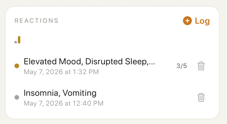 Reactions block on a protocol — 30-day sparkline with logged reactions and severity