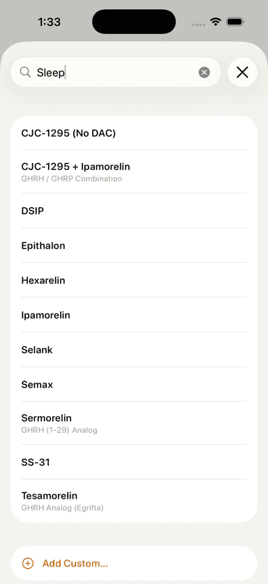 Compound picker with "Sleep" typed — matches CJC-1295, Ipamorelin, Epithalon, DSIP, Selank, and more
