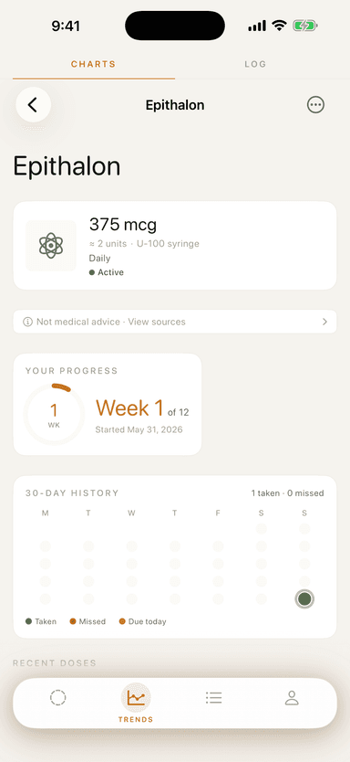 Protocol detail showing the syringe-unit dose equivalent — 375 mcg ≈ 2 units on a U-100 syringe