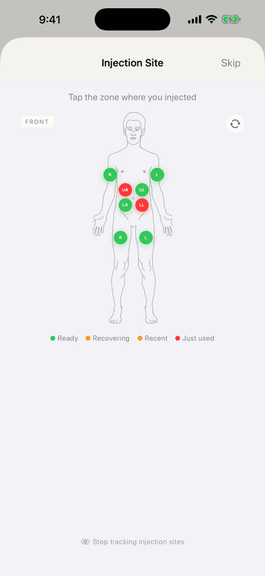 Injection sites — body diagram with recent sites highlighted