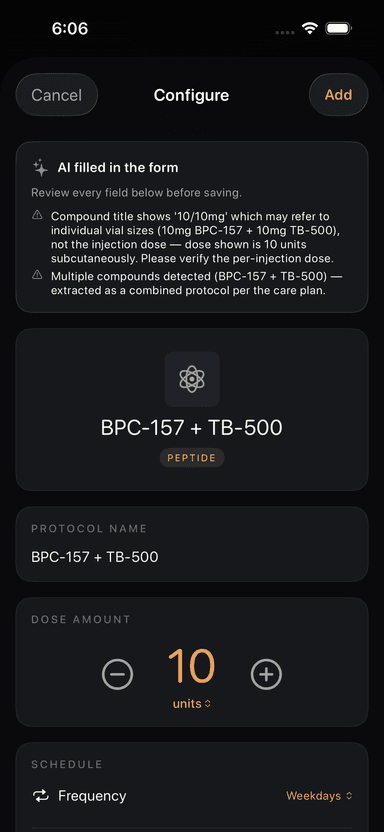 Scan label — camera capturing a vial label inside the Regimen iOS app