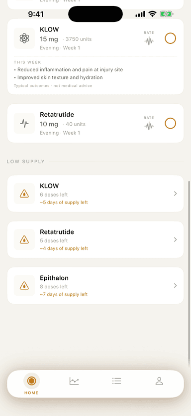 Today screen Low Supply section — per-protocol doses remaining and run-out projections