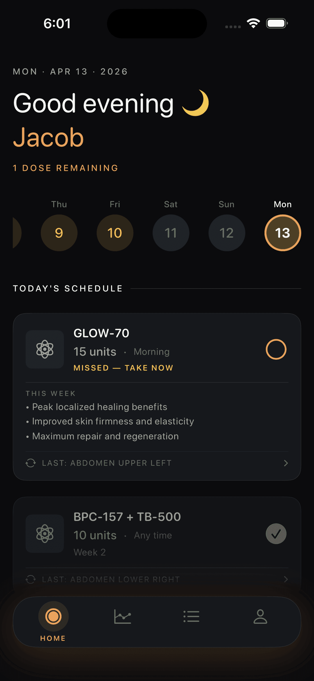 Today view — dose schedule with logged doses