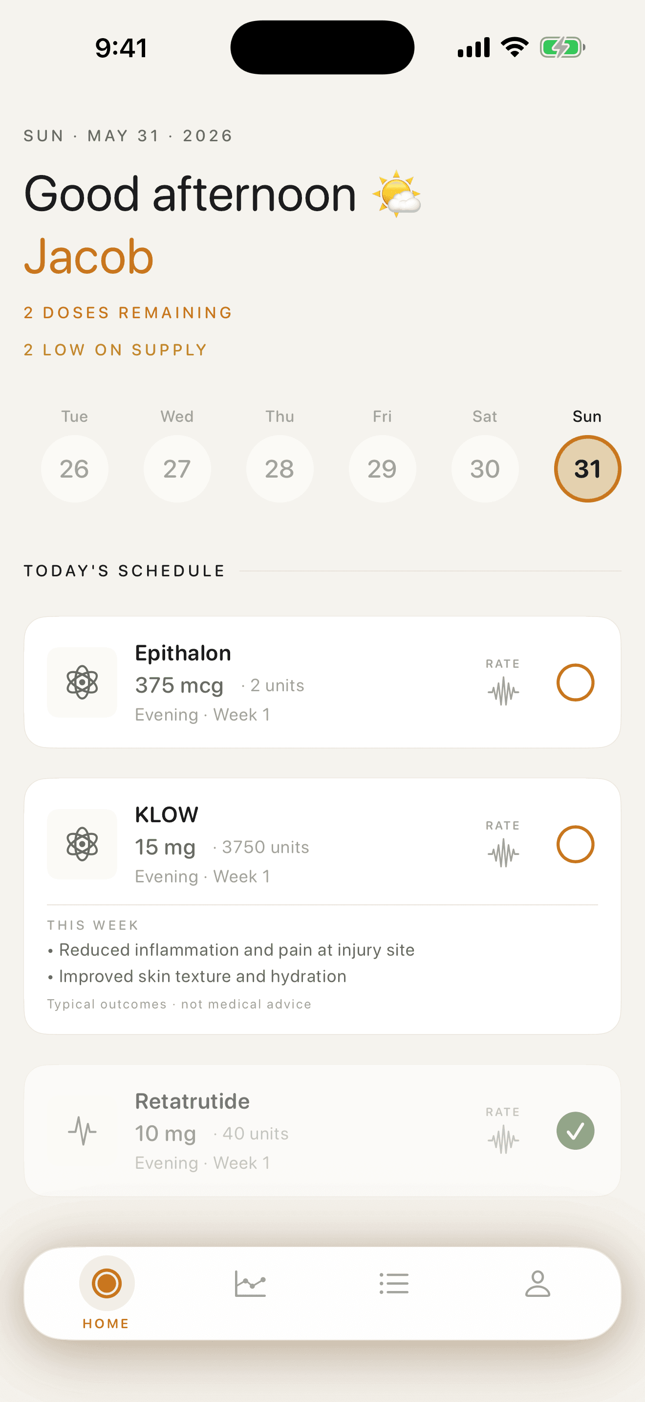 Today view — daily schedule and dose logging